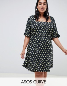 Короткое приталенное платье с квадратным вырезом и цветочным принтом ASOS DESIGN Curve - Мульти