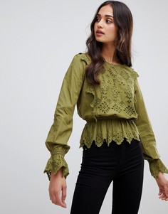 Блузка с прорезной вышивкой ришелье Miss Selfridge - Зеленый