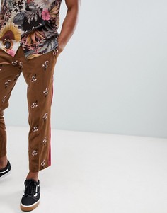 Укороченные узкие бархатные брюки с полосками и цветочной вышивкой ASOS DESIGN - Коричневый