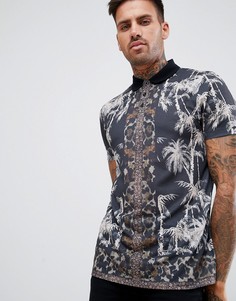 Поло обтягивающего кроя с леопардовым принтом и пальмами ASOS DESIGN - Черный