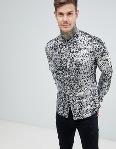Приталенная рубашка с серебристым принтом металлик Twisted Tailor - Серебряный