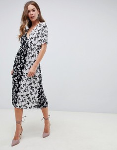 Плиссированное платье миди с цветочным принтом и поясом ASOS DESIGN - Мульти