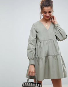 Свободное хлопковое платье мини с длинными рукавами ASOS DESIGN - Зеленый