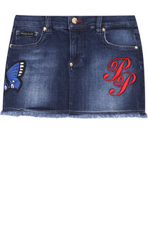 Джинсовая мини-юбка с вышивкой и бахромой Philipp Plein