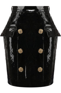 Кожаная мини-юбка с декоративными пуговицами Balmain