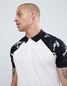 Футболка-поло с цветочным принтом на рукавах реглан ASOS DESIGN - Белый