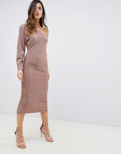 Платье миди на одно плечо с эффектом металлик ASOS DESIGN - Розовый