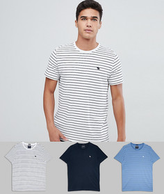 Abercrombie & Fitch 3 pack crew neck stripe t-shirt slim fit moose logo in white/navy & blue - Мульти