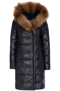 Утепленное кожаное пальто с отделкой мехом енота La Reine Blanche