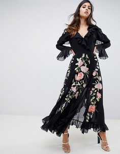 Платье макси с запахом и вышивкой ASOS DESIGN - Черный