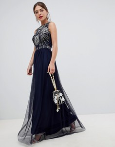 Платье макси без рукавов с открытой спиной и отделкой Frock & Frill - Синий