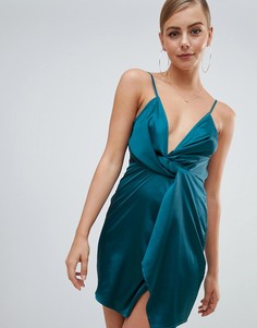 Сине-зеленое атласное платье с перекрученной отделкой Missguided - Зеленый