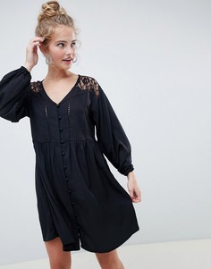 Свободное платье на пуговицах с V-образным вырезом и кружевом ASOS DESIGN - Черный