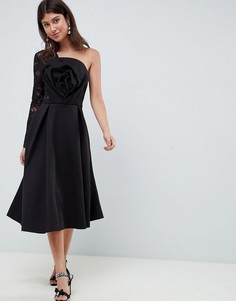 Платье для выпускного миди с отделкой оригами и кружевным рукавом ASOS DESIGN - Черный