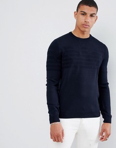 Темно-синий трикотажный джемпер с круглым вырезом и логотипом интарсия Emporio Armani - Темно-синий