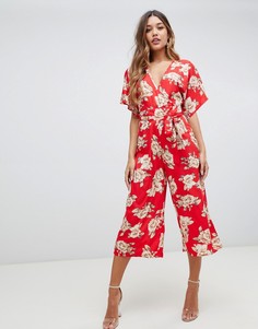 Boohoo tie waist jumpsuit in floral - Мульти