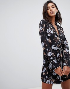 Черное платье-рубашка с цветочным принтом и поясом Missguided - Черный