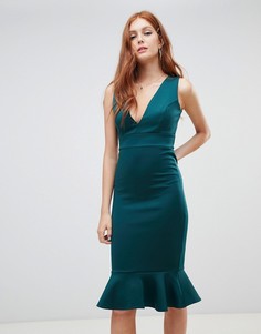 Зеленое платье с глубоким вырезом и оборкой по нижнему краю New Look - Зеленый