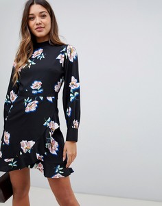 Boohoo high neck frill hem mini dress in floral - Черный