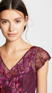 Marchesa Notte Cap Sleeve Velvet Fringe Gown with Floral Embroidery