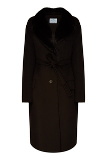 Черное пальто с меховой отделкой Prada