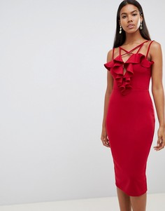 Платье миди с оборками и глубоким вырезом Rare London - Красный