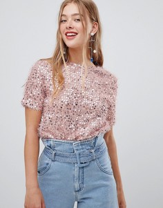 Бежевая футболка с пайетками New Look - Розовый
