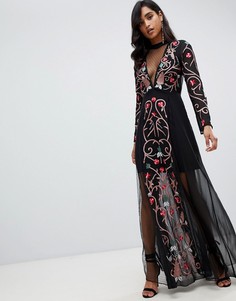 Черное платье макси с вышивкой Frock And Frill - Черный