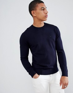Темно-синий джемпер с круглым вырезом и логотипом Emporio Armani - Темно-синий