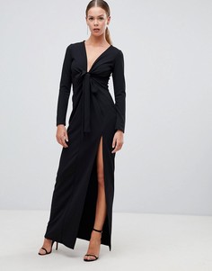 Черное платье макси с глубоким вырезом и завязкой Boohoo - Черный