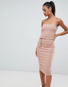 Розовое облегающее платье-бандо миди с поясом Boohoo - Розовый