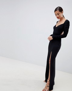 Платье макси с вырезом в форме сердца и сборками на рукавах ASOS DESIGN - Черный
