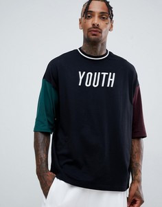 Свободная футболка с вышивкой Youth и рукавами до локтя ASOS DESIGN - Черный