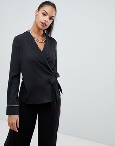 Черная атласная блузка с запахом и контрастной окантовкой Boohoo - Черный
