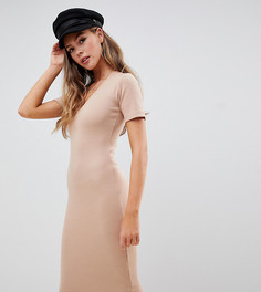 Бежевое платье миди в рубчик с V-образным вырезом и короткими рукавами Missguided - Бежевый