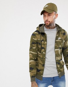 Худи зеленого цвета на молнии с капюшоном и камуфляжным принтом Nike AQ0596-325 - Зеленый