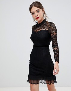 Кружевное платье с длинным рукавом, высоким воротом и бархатной отделкой Frock & Frill - Черный