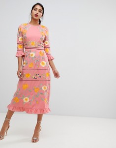 Платье миди с вышивкой и оборками на манжетах ASOS DESIGN - Мульти