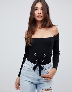 Боди со шнуровкой и открытыми плечами Missguided - Черный