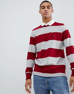 Серо-бордовая футболка-поло в полоску с длинными рукавами и логотипом Tommy Hilfiger Iconic - Красный