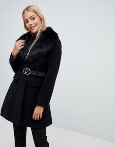 Черное пальто с меховым воротником и поясом Miss Selfridge - Черный