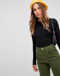 Черный топ в рубчик с круглым вырезом New Look - Черный
