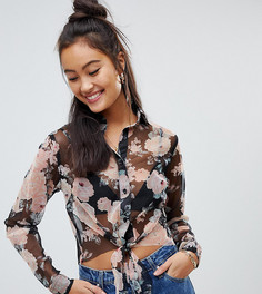 Рубашка из сетчатой ткани с завязкой спереди и цветочным принтом Wednesdays Girl - Черный