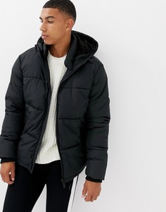 Черная дутая куртка с капюшоном River Island - Черный