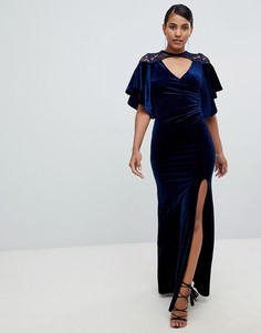 Бархатное платье макси с кейпом и кружевной отделкой TFNC - Темно-синий