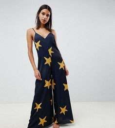 Атласный комбинезон со звездным принтом и глубоким вырезом ASOS DESIGN - Темно-синий