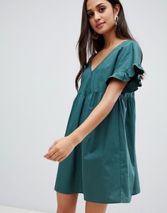 Свободное хлопковое платье мини с V-образным вырезом спереди и сзади ASOS DESIGN - Зеленый
