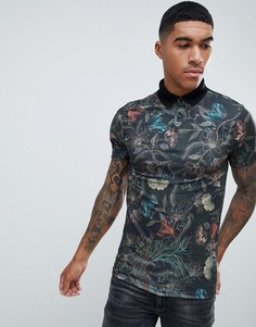 Футболка-поло цвета хаки с цветочным принтом обтягивающего кроя River Island - Зеленый