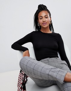 Черный трикотажный топ с длинными рукавами и круглым вырезом Monki - Черный