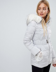 Длинная серая дутая куртка с отделкой искусственным мехом Miss Selfridge - Мульти